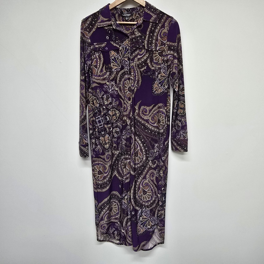 Lauren Ralph Lauren Paisley Shirt Dress Women Medium Purple Long Sleeve Boho